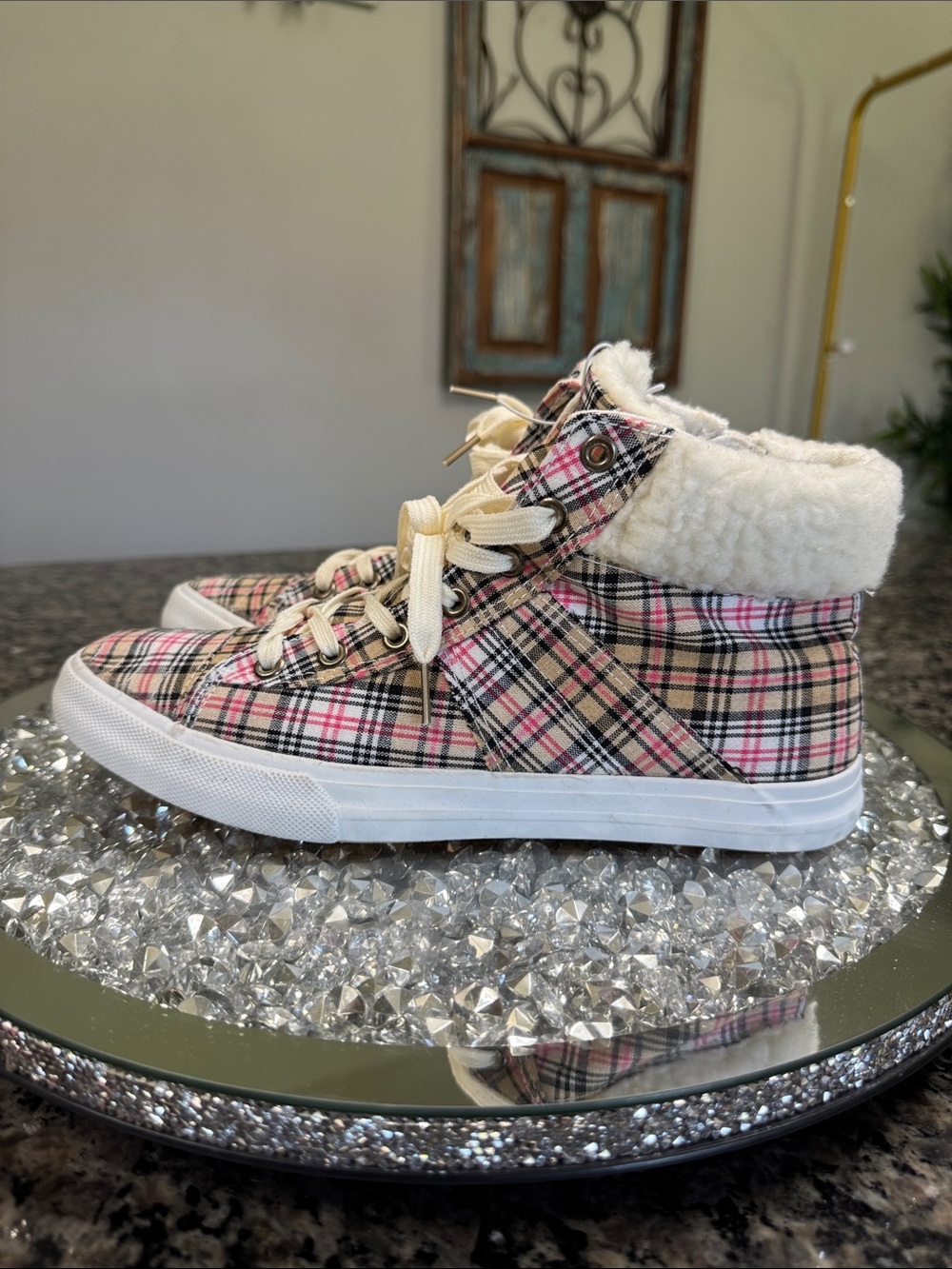 Pink and tan Plaid High-Top Sneakers with Sherpa Collar NEW
